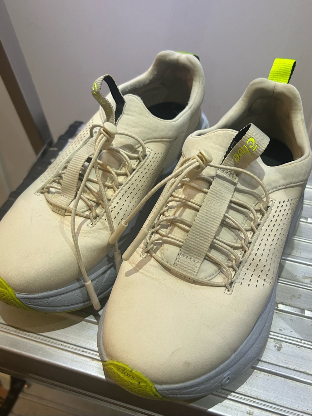 Light Beige women’s nurse Sneakers with Neon Yellow/green Accents